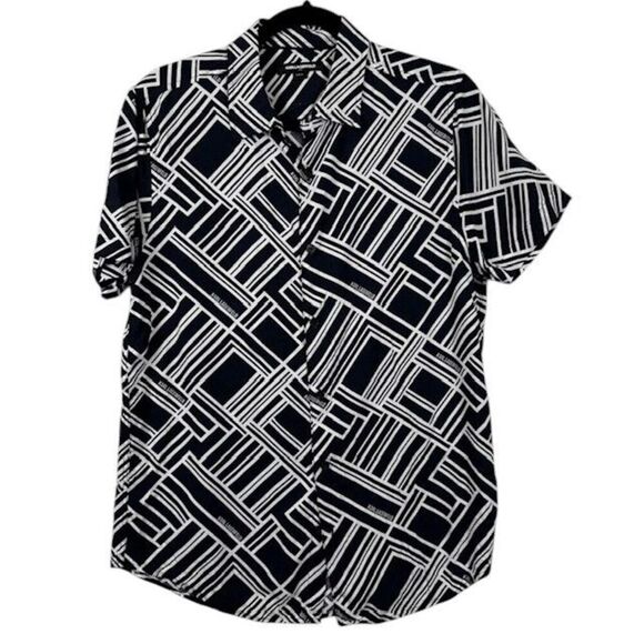 Karl Lagerfeld Logo Print Geo Short Sleeve Button Front Shirt Black White Small - Picture 1 of 10